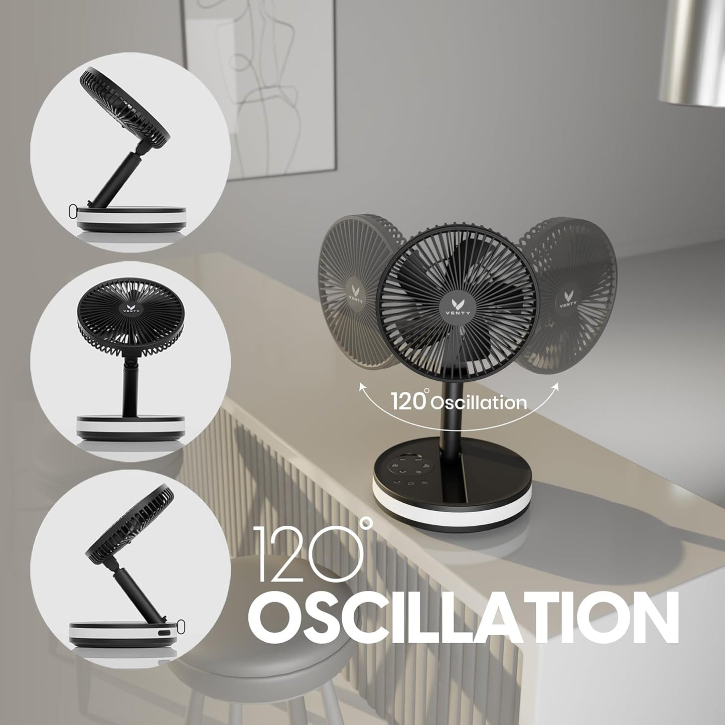 VENTY Tragbarer Ventilator – kabelloser batteriebetriebener Ventilator, 48 Stunden Laufzeit, Fernbedienung & LED-Beleuchtung, zusammenklappbarer Teleskop-Campingventilator (Schwarz mit Gehäuse)