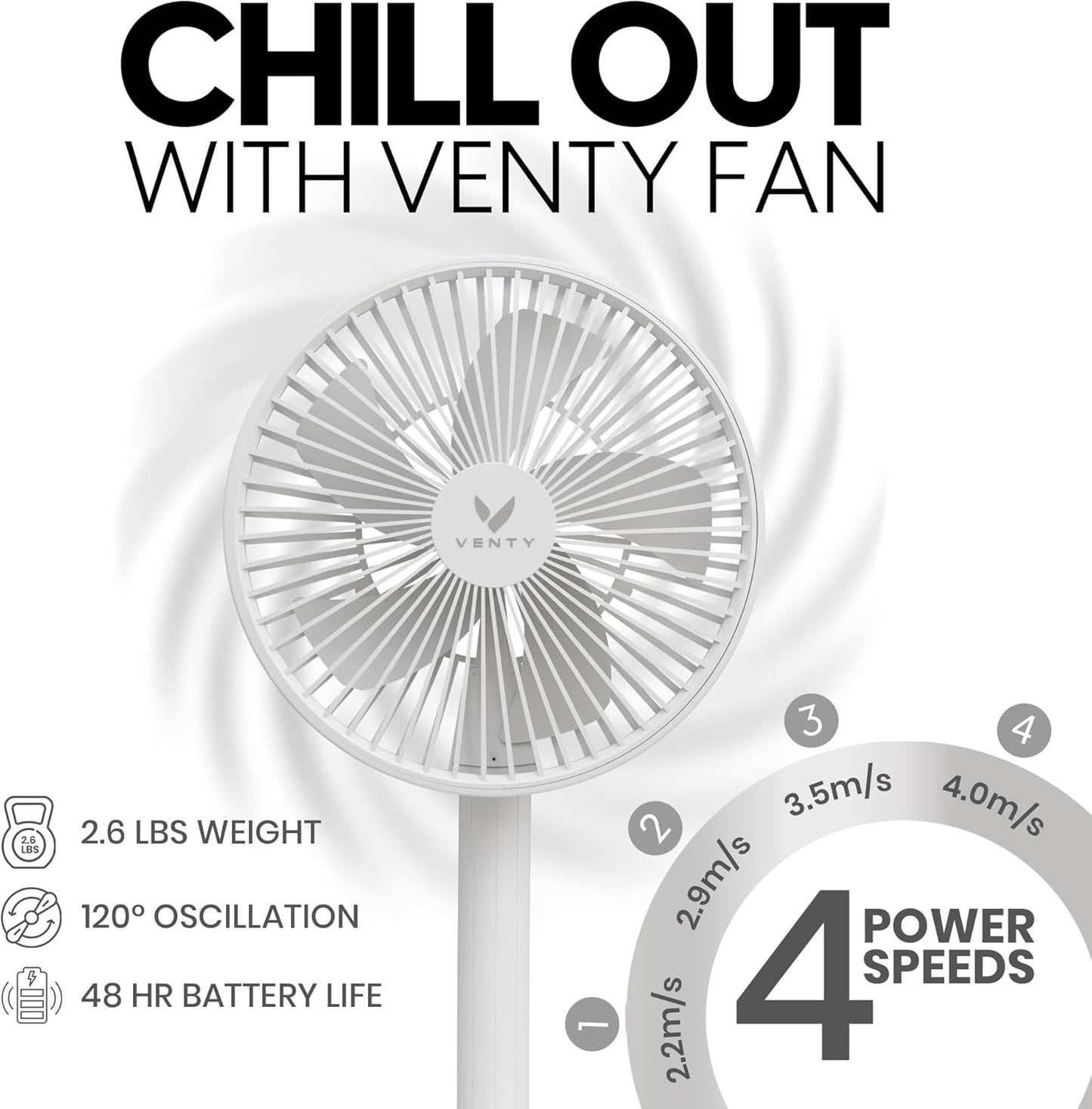 VENTY Tragbarer Ventilator – kabelloser batteriebetriebener Ventilator, 48 Stunden Laufzeit, Fernbedienung & LED-Beleuchtung, zusammenklappbarer Teleskop-Campingventilator (Weiß mit Gehäuse)