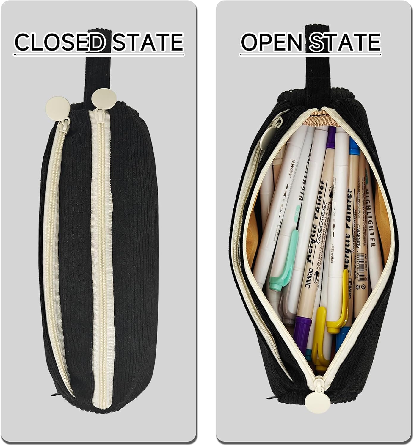 Boziee Federmäppchen Mäppchen Cord-Stoff Mädchen Teenager Stiftetasche Federtasche Pencil Case Schulmäppchen für Schule | Büro (Schwarz)