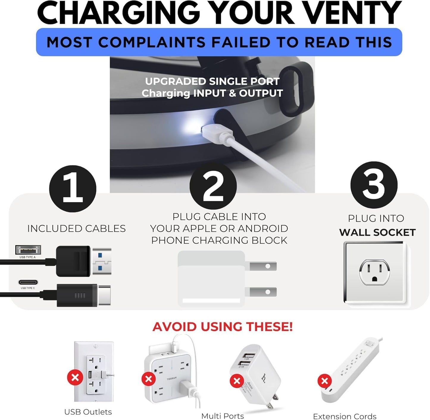 VENTY Tragbarer Ventilator – kabelloser batteriebetriebener Ventilator, 48 Stunden Laufzeit, Fernbedienung & LED-Beleuchtung, zusammenklappbarer Teleskop-Campingventilator (Schwarz mit Gehäuse)