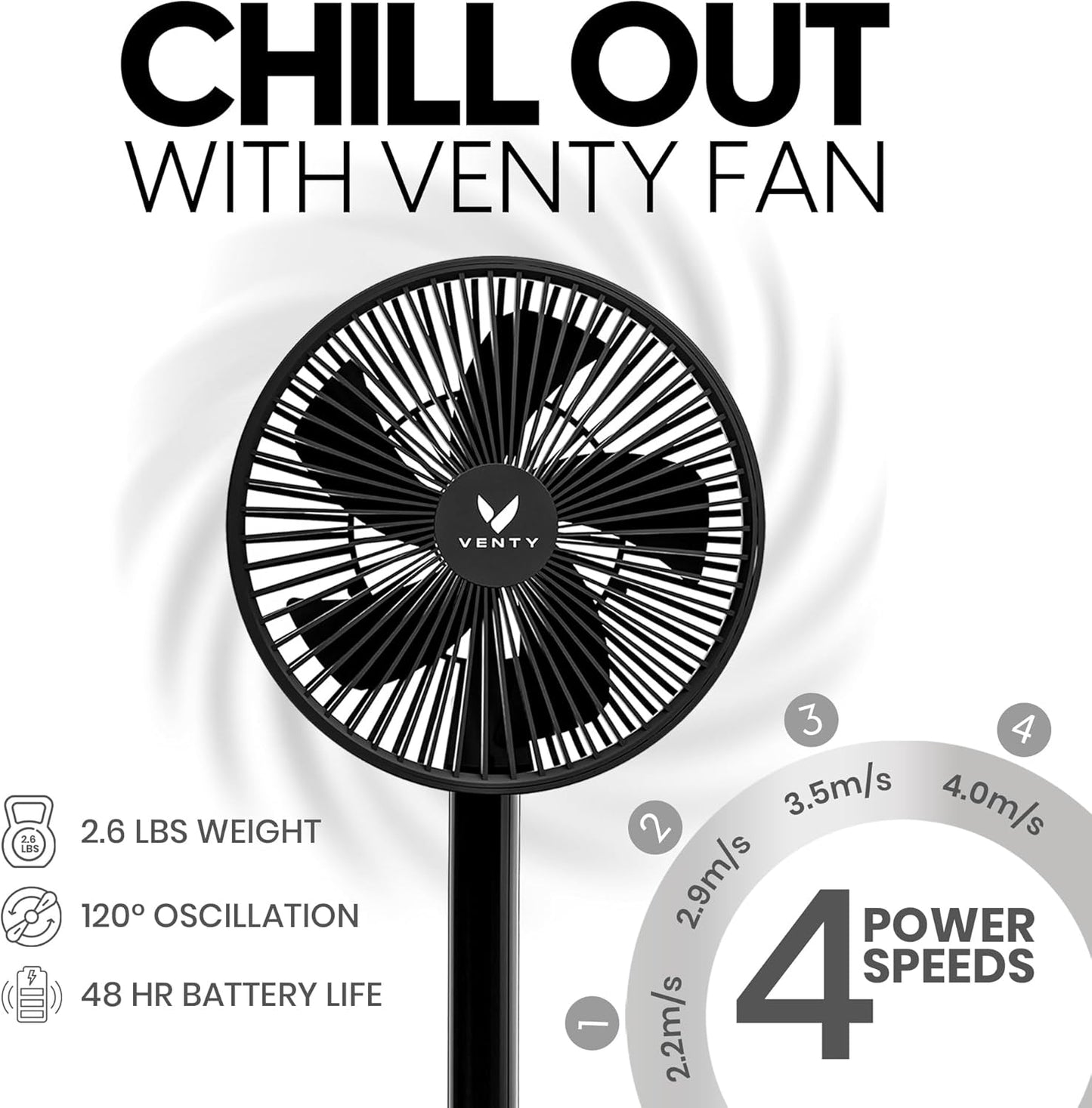 VENTY Tragbarer Ventilator – kabelloser batteriebetriebener Ventilator, 48 Stunden Laufzeit, Fernbedienung & LED-Beleuchtung, zusammenklappbarer Teleskop-Campingventilator (Schwarz mit Gehäuse)