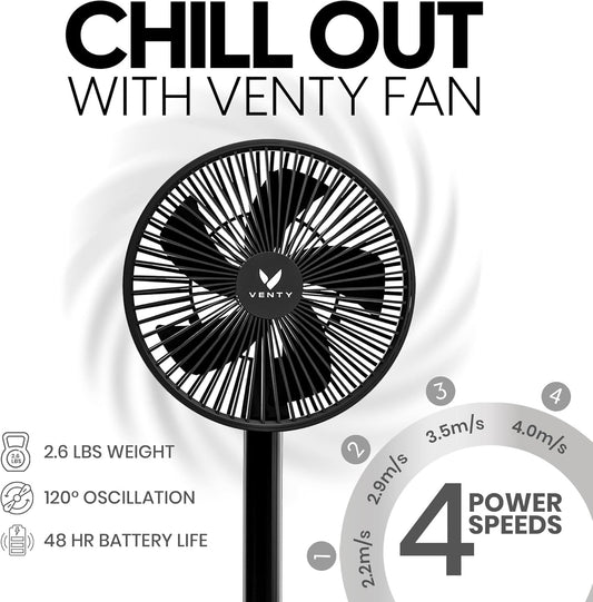 VENTY Tragbarer Ventilator – kabelloser batteriebetriebener Ventilator, 48 Stunden Laufzeit, Fernbedienung & LED-Beleuchtung, zusammenklappbarer Teleskop-Campingventilator (Schwarz mit Gehäuse)