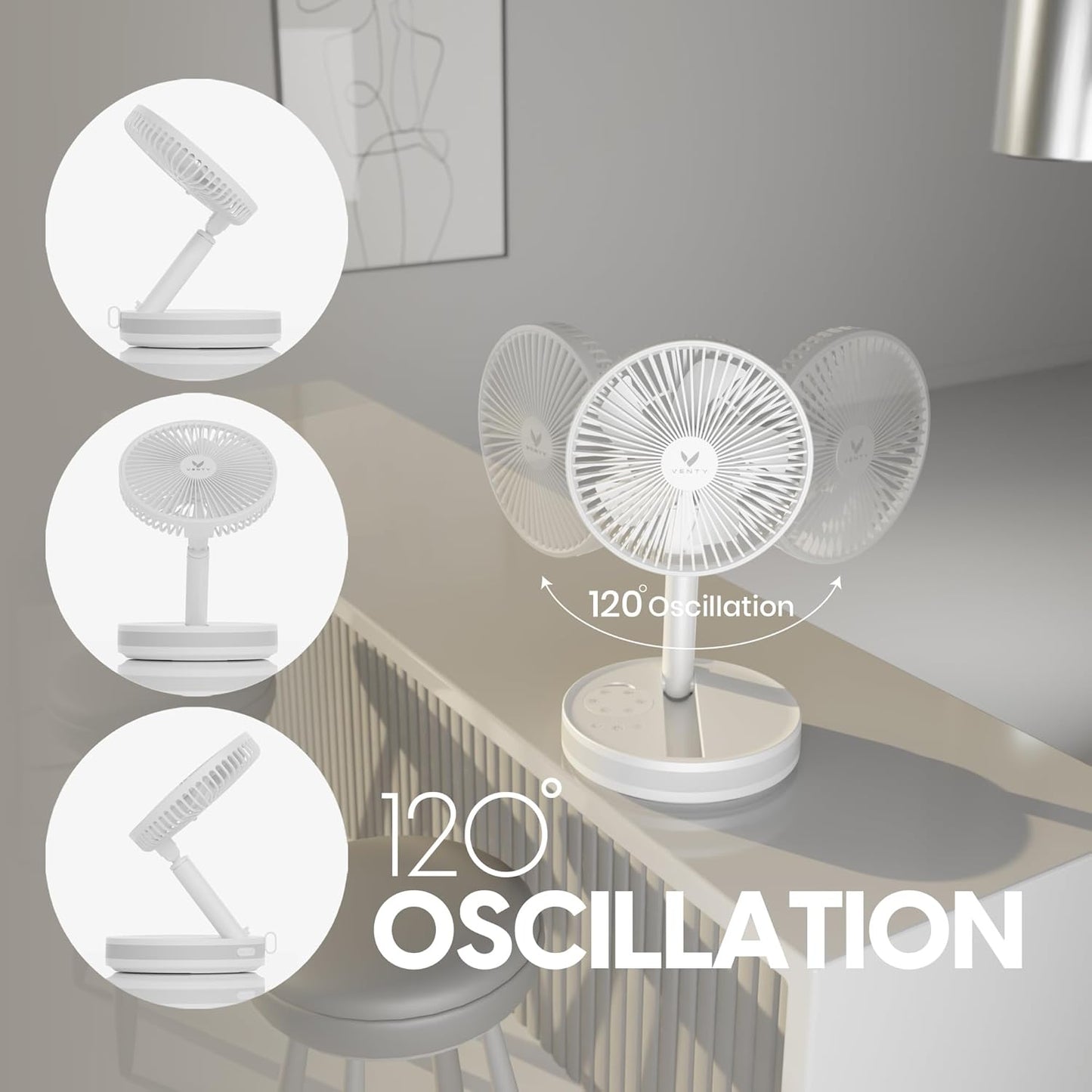 VENTY Tragbarer Ventilator – kabelloser batteriebetriebener Ventilator, 48 Stunden Laufzeit, Fernbedienung & LED-Beleuchtung, zusammenklappbarer Teleskop-Campingventilator (Weiß mit Gehäuse)