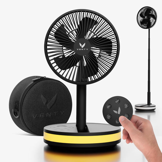 VENTY Tragbarer Ventilator – kabelloser batteriebetriebener Ventilator, 48 Stunden Laufzeit, Fernbedienung & LED-Beleuchtung, zusammenklappbarer Teleskop-Campingventilator (Schwarz mit Gehäuse)