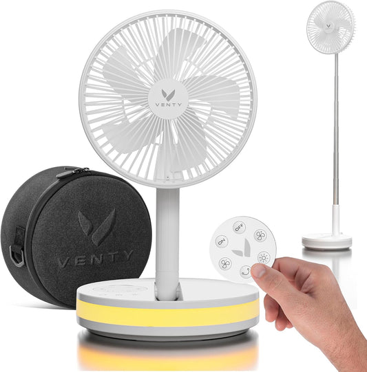 VENTY Tragbarer Ventilator – kabelloser batteriebetriebener Ventilator, 48 Stunden Laufzeit, Fernbedienung & LED-Beleuchtung, zusammenklappbarer Teleskop-Campingventilator (Weiß mit Gehäuse)